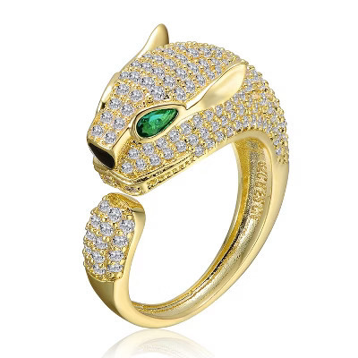 Guili Gold Panther Head Open Band Ring Adorned with Emerald Green and Clear Cubic Zirconia for a Bold, Luxurious, and Fashion-Forward Look, Size 7 | Target