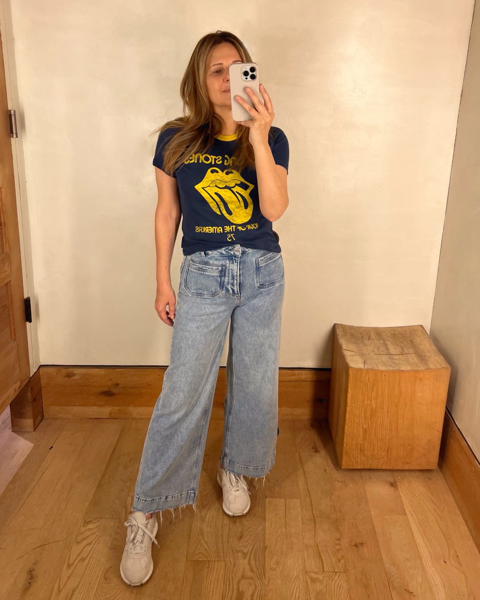 Dressing room try-on day 📸 This is kind of an everyday look for me 🫢 a t-shirt + jeans outfit. What I liked about what I pulled was the retro vibe of the whole look… it’s a Rolling Stones ringer tee with patch pocket cropped wide leg jeans and Adidas Retropy sneakers. Throwback day!

T-shirt size: small
Jeans: size 26

#LTKstyletip #LTKSale #LTKsalealert