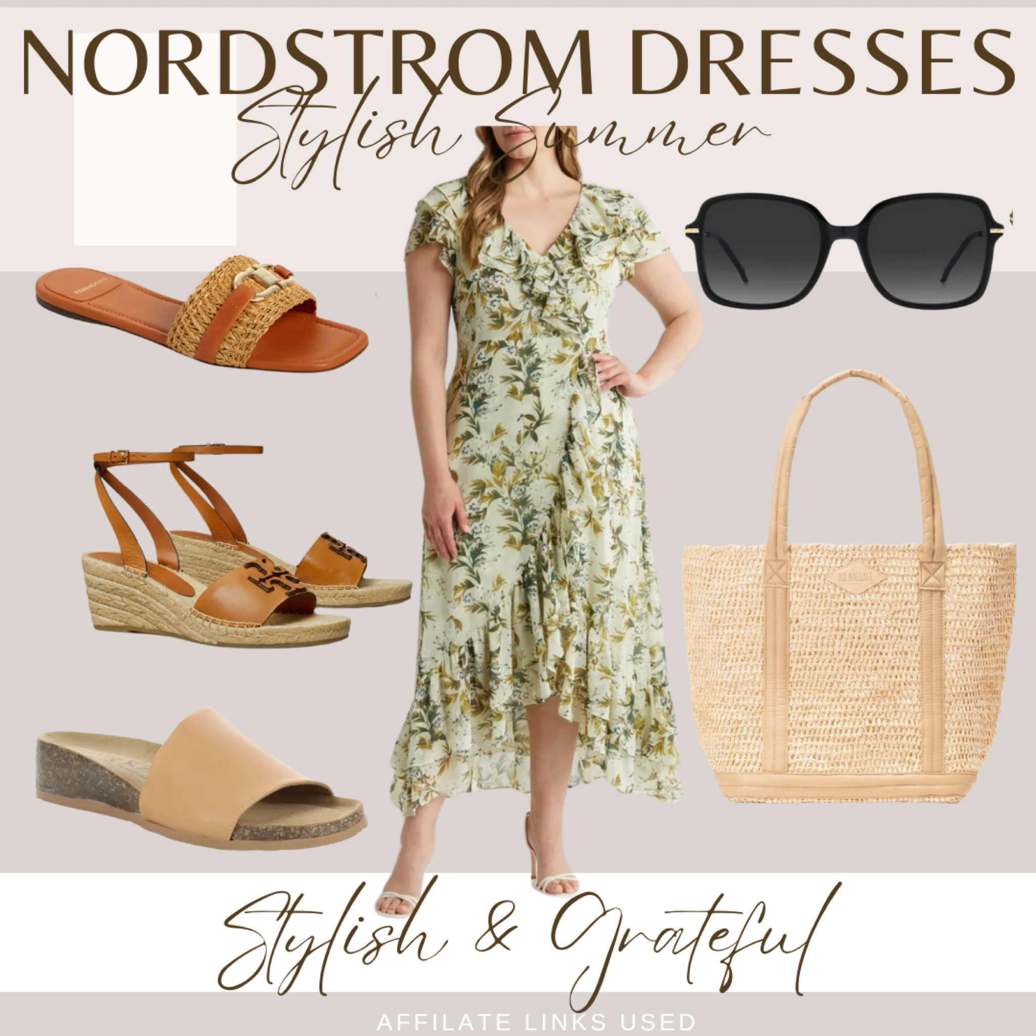 Discover the perfect summer look with this beautiful floral dress from Nordstrom. This dress features a delicate green floral pattern with a flattering high-low hemline, ideal for any warm-weather occasion. Pair it with stylish footwear options: woven slide sandals for a relaxed vibe, tan espadrille wedges for added height and elegance, or comfy tan slip-on sandals for everyday wear. Accessorize with chic black sunglasses and a versatile straw tote bag to complete your summery ensemble. Shop this stylish summer dress and accessories now! #StylishAndGrateful #SummerDresses #NordstromFashion #FloralStyle #AffiliateLinks

#LTKSummerSales #LTKTravel #LTKOver40