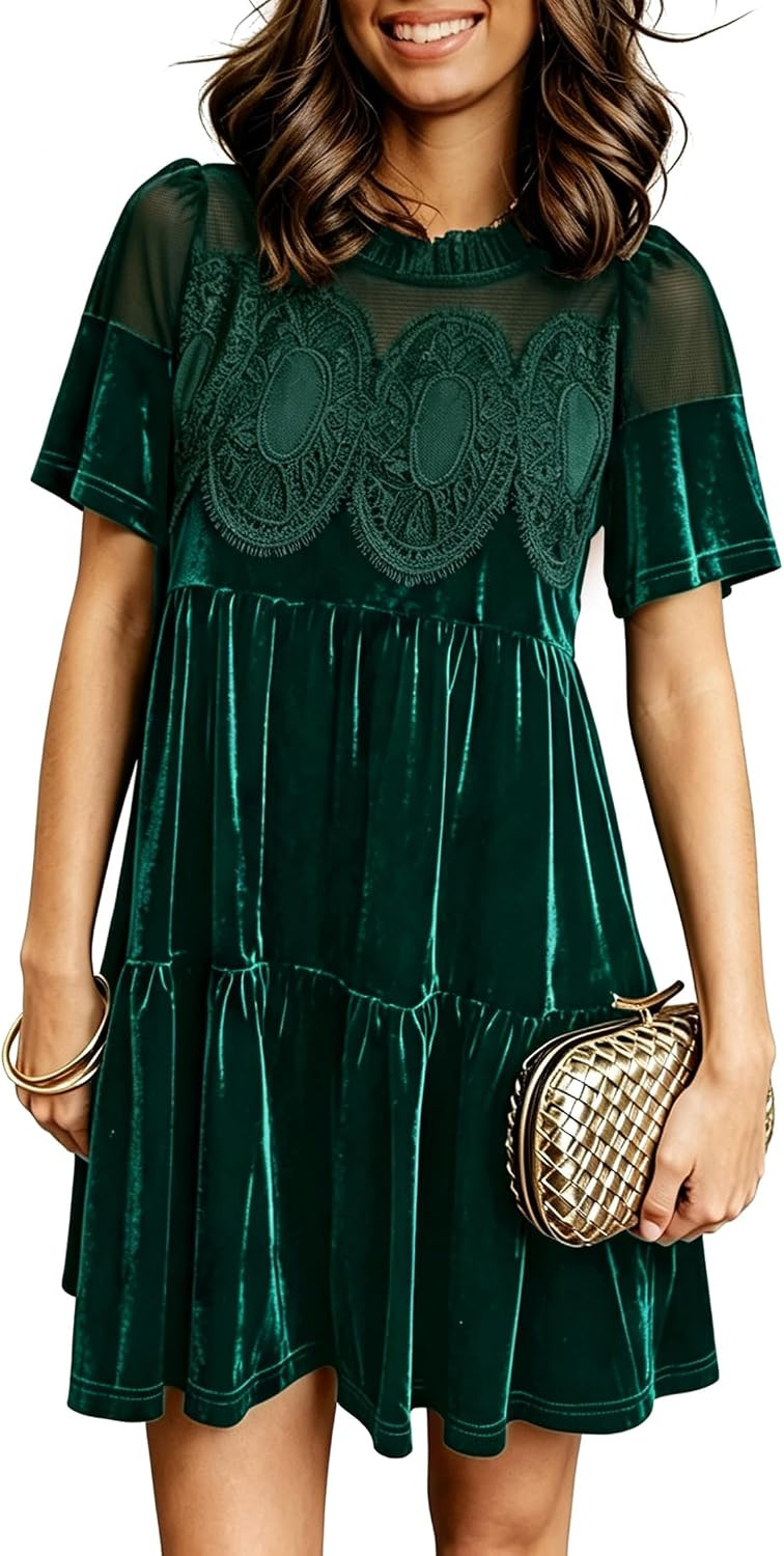 miduo Womens Scallop Neck Short Sleeve Velvet Lace Mini Babydoll Dress | Amazon (US)