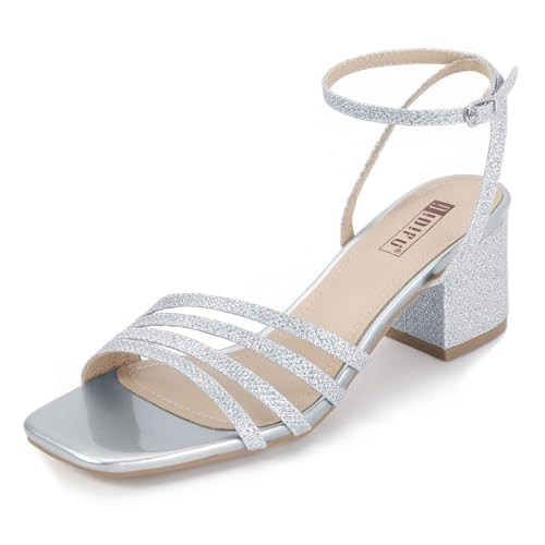 IDIFU Silver Heels Strappy Heels for Women Low Block Chunky Heels Square Toe Slingback Heels Wedding Bride Prom Party Glitter Dress Shoes Ankle Strap Heeled Sandals Cute Heels(Silver Glitter,5.5) | Amazon (US)