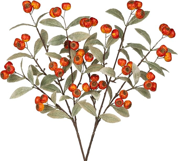 2PCS Artificial Fall Stems Fake Orange Red Hawthorn Berry Spray, 23" Fall Branches Faux Greenery ... | Amazon (US)