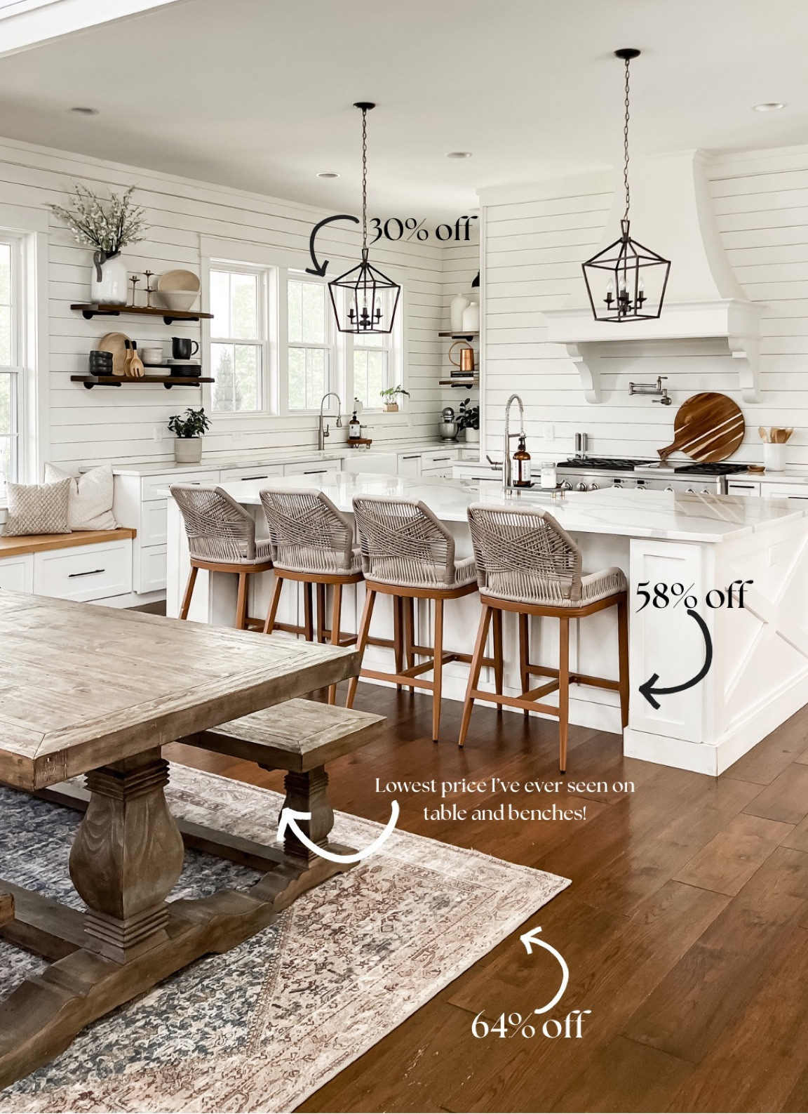 Awesome 4th of July sales going on at wayfair! Deep discounts in best sellers and favorites farm table and bench rope trending designer bar stools counter stools pendant lantern island kitchen lighting light fixtures loloi rug Georgie amber Lewis design kitchen and dining room home decor and accents accessories furniture major sale for the holiday weekend! Open shelving shelves

#LTKFind #LTKhome #LTKsalealert