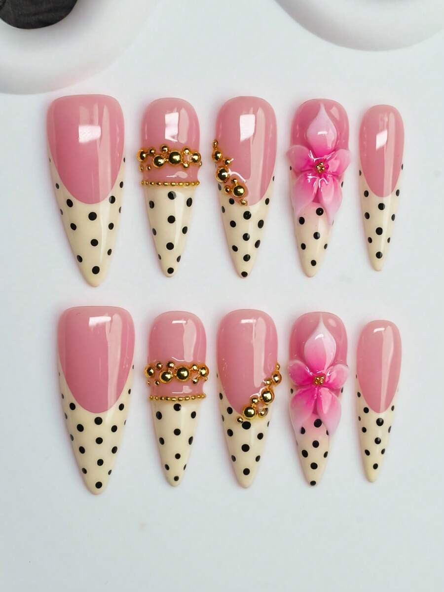 10pcs Handmade Almond-Shaped Y2K Baddie Style Press-On Nails, Nude & Yellow Color With French Tip... | SHEIN