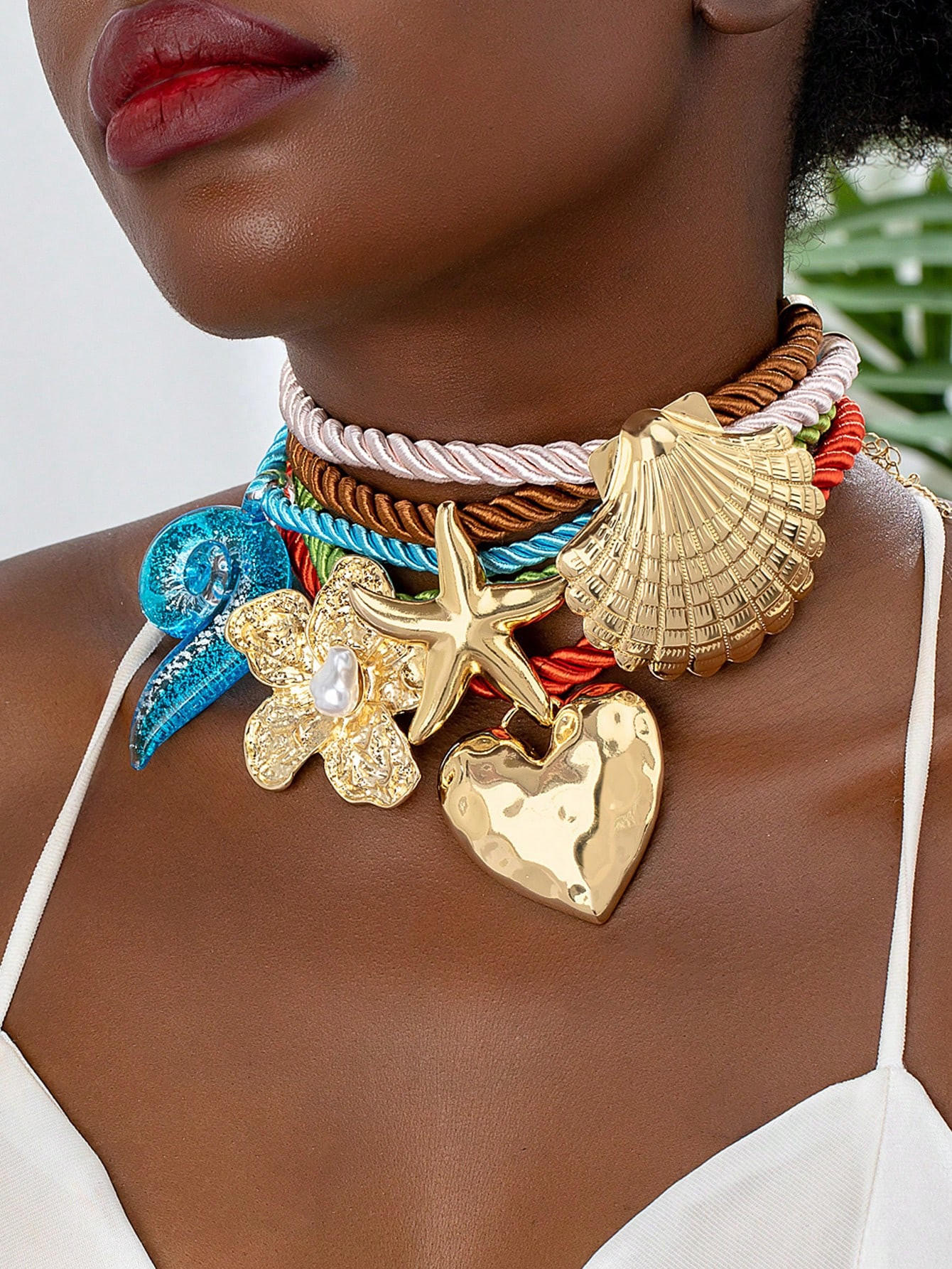 1 Pc Summer Vocation Starfish Shell Sea Snail Colorful Chunky Cord Choker Necklace For Women | SH... | SHEIN