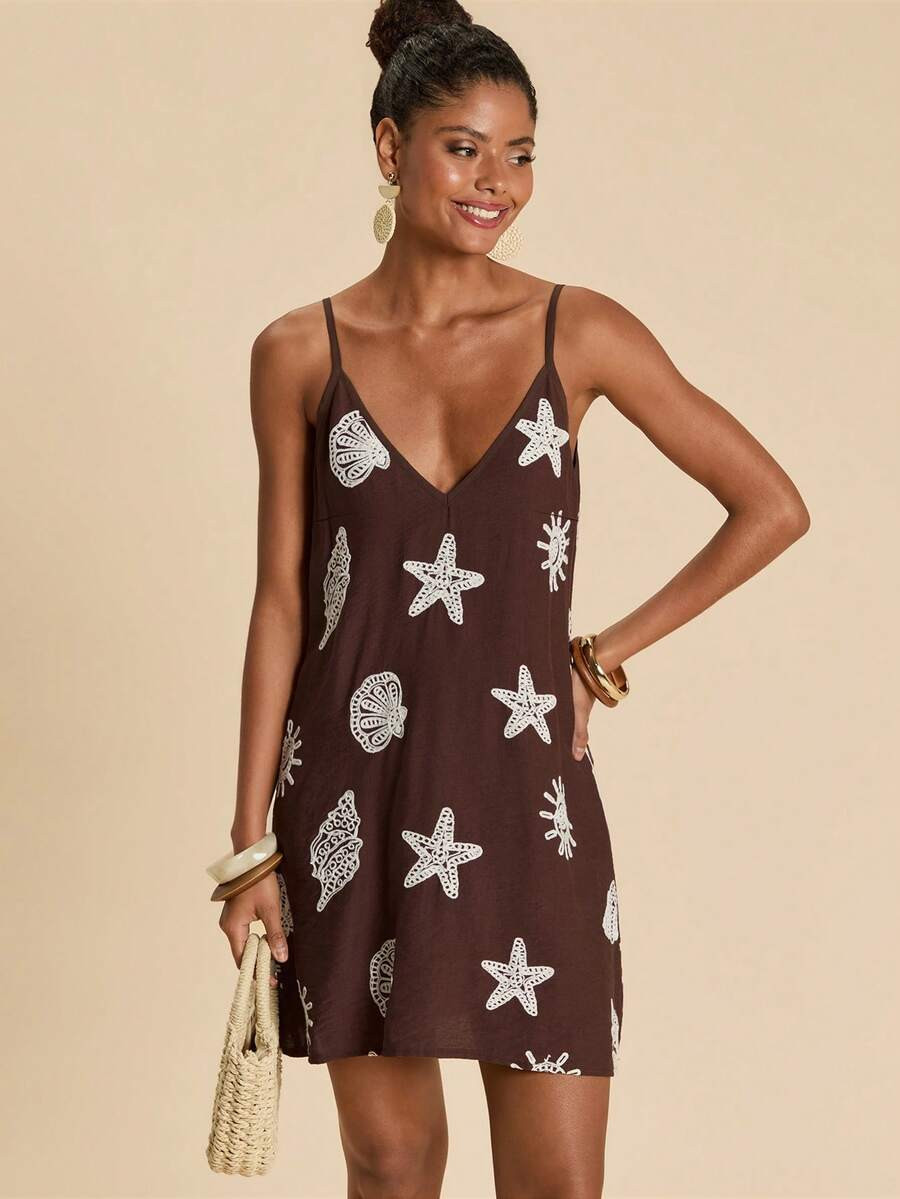 Travachic Elegant Boho Casual Vacation Embroidered Women Dress,Summer Dresses For Women Beach Vacation Brown And White, Festival Outfits Country, Casual Dresses | SHEIN