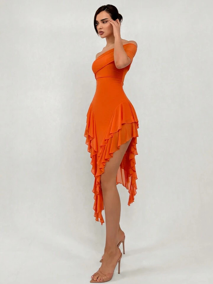 Aloruh Romantic Date Asymmetrical Neck Slit Ruffle & Mesh Contrast Tight-Fitting Long Dress For W... | SHEIN