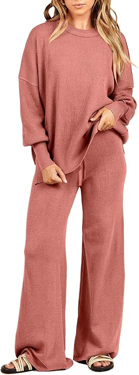 ANRABESS Women 2 Piece Outfits Oversized Chunky Knit Sweater Top Wide Leg Pants 2025 Fall Lounge ... | Amazon (US)