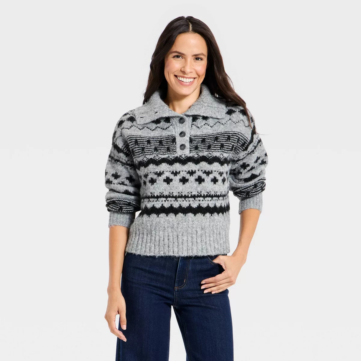Women's Fairisle Henley Shawl Sweater - Universal Thread™ | Target