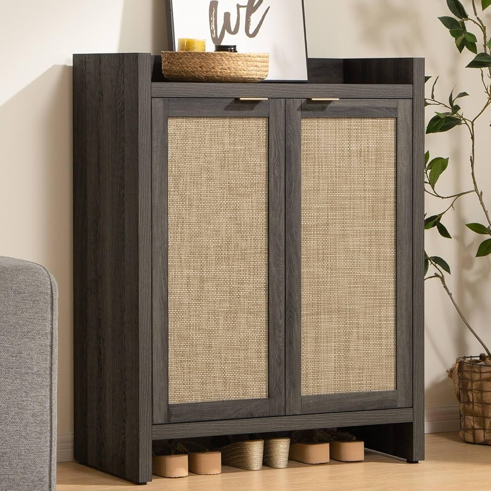 SICOTAS 41" Tall Shoe Cabinet, 24 Pair Shoe Storage with Doors and 6-Tier Shelves, Rattan Shoe Ca... | Amazon (US)