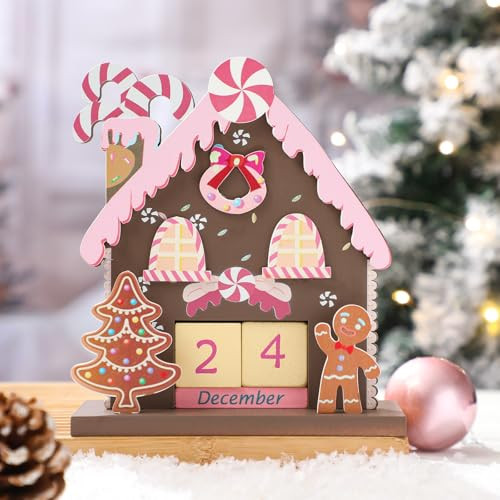 Feifeiya Pastel Wooden Christmas Countdown Advent Calendar Candyland Gingerbread House with Wood Blocks Day Until Christmas Countdown Tabletop Calendar Decor Xmas Number Sign for Home Office Decor | Amazon (US)
