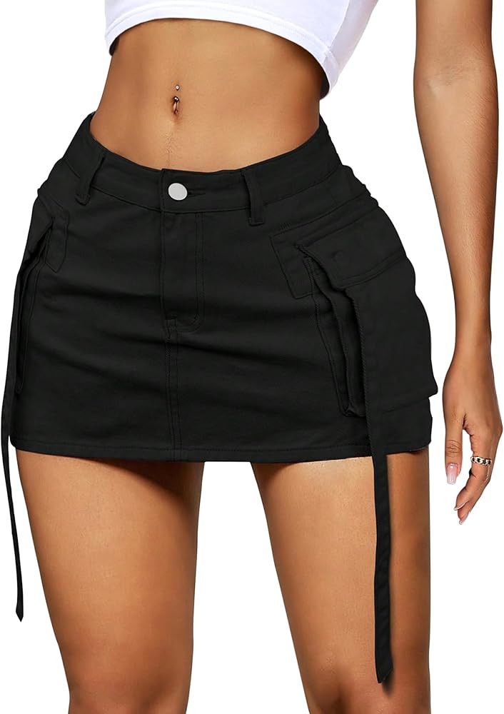 Womens Cargo Skirt Low Waist Button Denim Mini Skirt Summer Y2k Jean Skirt with Flap Pockets | Amazon (US)