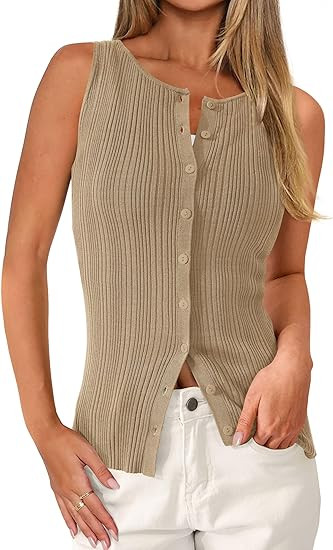 PRETTYGARDEN Womens Ribbed Tank Top Summer 2025 Open Front Button Down Sleeveless Shirts Fashion ... | Amazon (US)