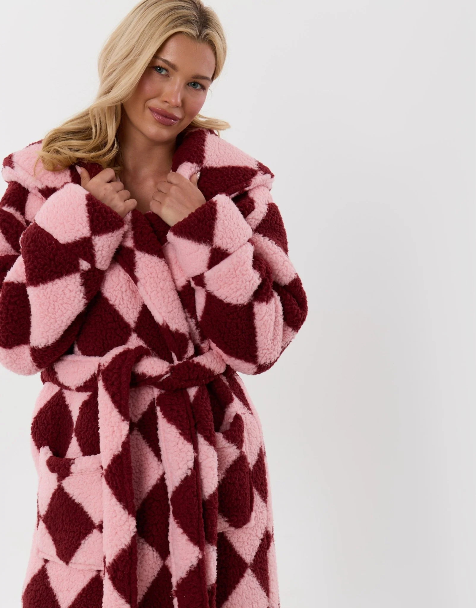 Hooded Dressing Gown in Pink & Red Diamond Check | Threadbare UK