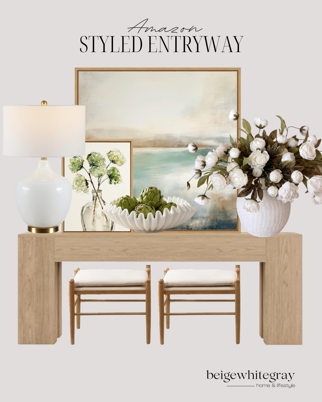 Amazon Styled Entryway, entryway decor, entryway styling ideas, amazon home finds, console table decor, neutral home decor, coastal entryway, modern organic decor, foyer decorating ideas, oversized wall art, decorative table lamp, faux florals, hydrangea artwork, decorative bowl decor, designer inspired home decor, beige home aesthetic, affordable home styling, entryway inspiration, grandmillennial decor, transitional home decor, welcoming entryway

#LTKHome