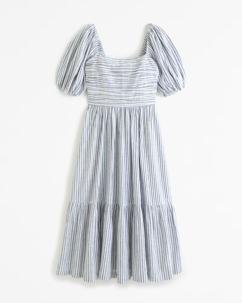 The A&F Emerson Linen-Blend Puff Sleeve Midi Dress | Abercrombie & Fitch (US)