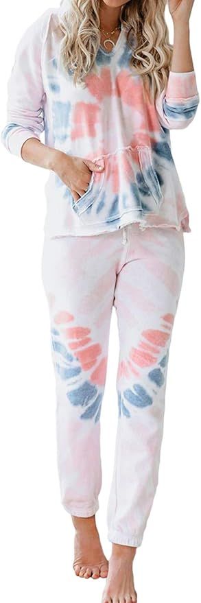 CANIKAT Women's Tie Dye Printed Long Sleeve Tops and Pants Long Pajamas Set Joggers PJ Sets Night... | Amazon (US)