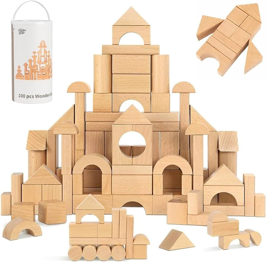 Pidoko Kids 100pcs Natural Beech Wood Building Blocks for Toddlers 1-3, Wooden Blocks with Storag... | Amazon (US)