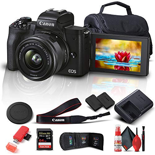 Canon EOS M50 Mark II Mirrorless Digital Camera with 15-45mm Lens (Black) (4728C006) + 64GB Extreme Pro Card + Extra LPE12 Battery + Case + Card Reader + Cleaning Set + Memory Wallet + More (Renewed) | Amazon (US)