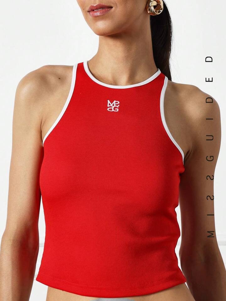 MISSGUIDED Letter Embroidery Contrast Binding Crop Tank Top | SHEIN