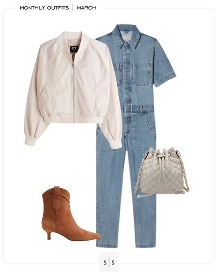 Monthly outfit planner : MARCH looks | #jumpsuit #bomberjacket #springouterwear #trending #casualchic #springoutfit | See entire calendar on thesarahstories.com ✨

#LTKstyletip