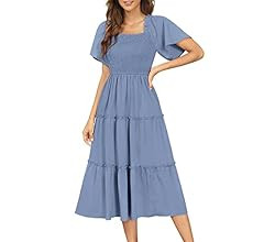 Zattcas Womens Smocked Flutter Sleeve Dress Square Neck Ruffle Tiered Midi Dress | Amazon (US)