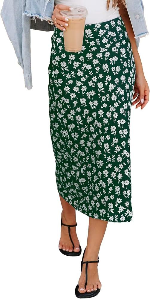 Women’s Floral Print Midi Skirt Casual High Elastic Waist Zipper Vintage Long Boho Skirts for W... | Amazon (US)