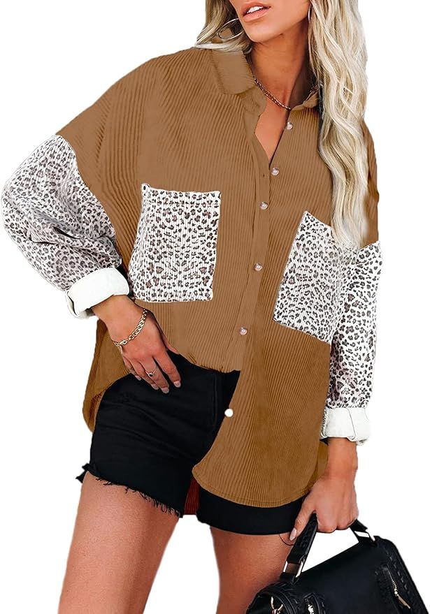 Happy Sailed Womens Leopard Contrast Denim Jackets Oversize Long Sleeve Button Down Pockets Jean ... | Amazon (US)