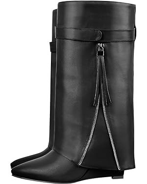LISHAN Women's Knee High Fold over Wedge Heel Long Shark Boots Pull on Shoes | Amazon (US)