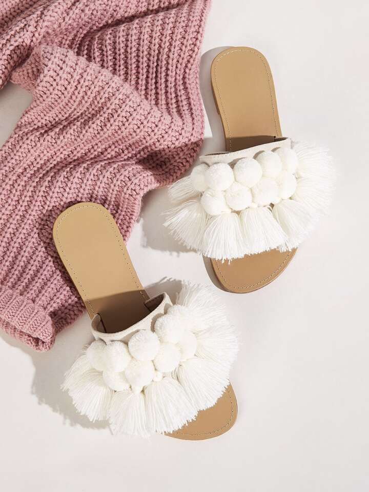 Pom Pom & Tassel Decor Flat Slide Sandals | SHEIN