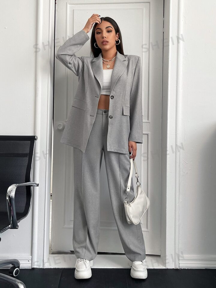 SHEIN BIZwear Blazer unicolor de cuello con solapa & Pantalones de traje ropa de trabajo | SHEIN