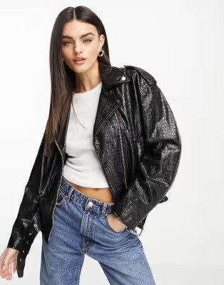 Mango faux leather croc detail leather jacket in black | ASOS (Global)