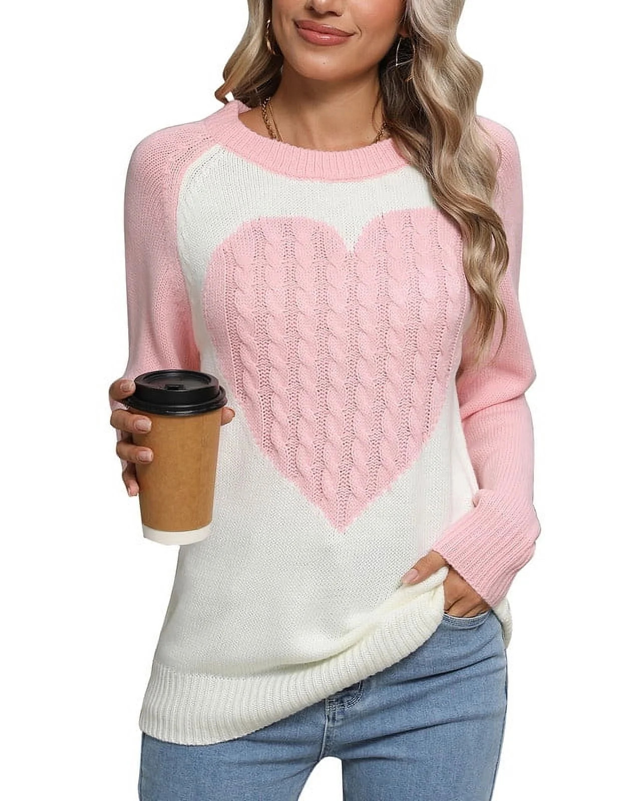 Heart Sweaters for Women Valentine's Day Color Block Splicing Casual Loose Cute Pullover Sweater ... | Walmart (US)