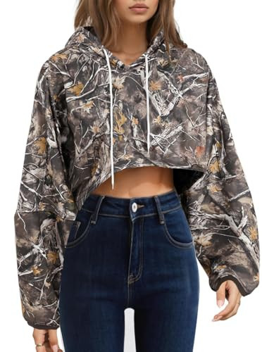 SOFIA'S CHOICE Women'S Camo Cropped Hoodies Y2K Long Sleeve Hooded Sweatshirts Oversized Pullover Top Green X-Large | Amazon (US)