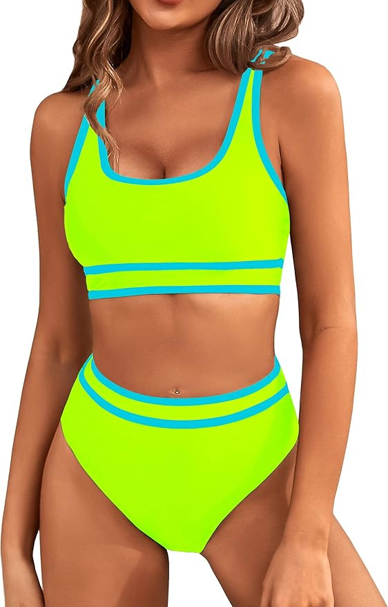 BMJL Women's High Waisted Bikini Sets Sporty Two Piece Swimsuits Color Block Cheeky High Cut Bath... | Amazon (US)