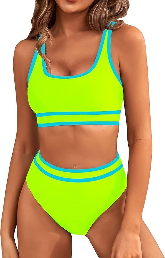 BMJL Women's High Waisted Bikini Sets Sporty Two Piece Swimsuits Color Block Cheeky High Cut Bath... | Amazon (US)