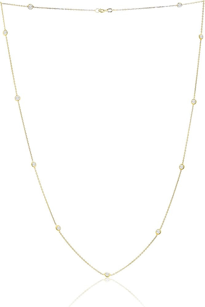 Women's Necklace - 925 Sterling Silver By the Yard Station Bezel Set Crystal Delicate Link Chain ... | Amazon (US)