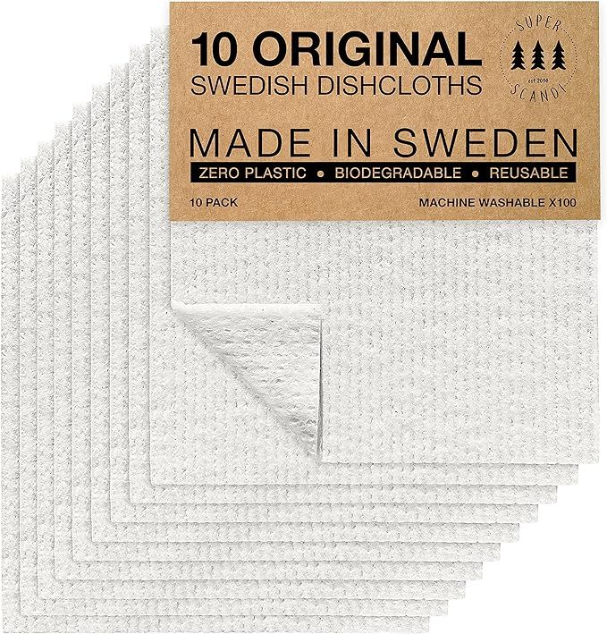 SUPERSCANDI White 10 Pack Swedish Dishcloths Reusable Compostable Towels Made in Sweden Cellulose... | Amazon (US)