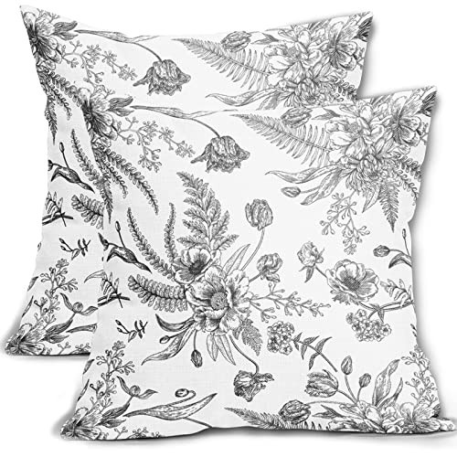 Black and White Pillow Covers 2 Packs 20x20 Inch Vintage Black Flowers Throw Pillowcase Linen Decorative Summer Morden Flowers Cushion Cover for Patio Sofa Bedroom Indoor Outdoor Party | Amazon (US)