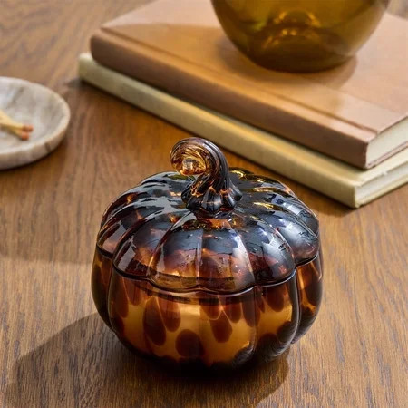 Vintage Tortoise Shell Glass Pumpkin Candle Vessel, Dark Speckled Pumpkin Glass Jar with Lid, Elegant Table Centerpiece Storage Container for Home Holiday Decor | Walmart (US)