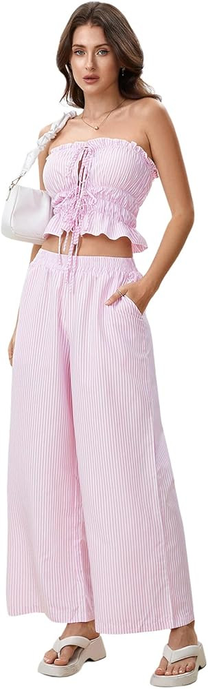 WDIRARA Women's Striped 2 Piece Pants Set Strapless Tie Bandeau Wide Leg Pants Outfits | Amazon (US)