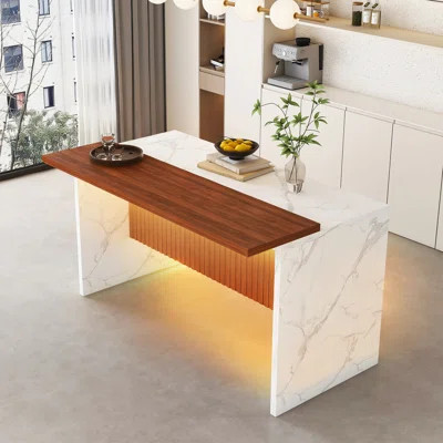 63'' Modern Kitchen Island with Marble-Look Countertop, LED Lights & Grille Design - White & Walnut Kitchen Island for Dining Room, Living Room | Wayfair North America