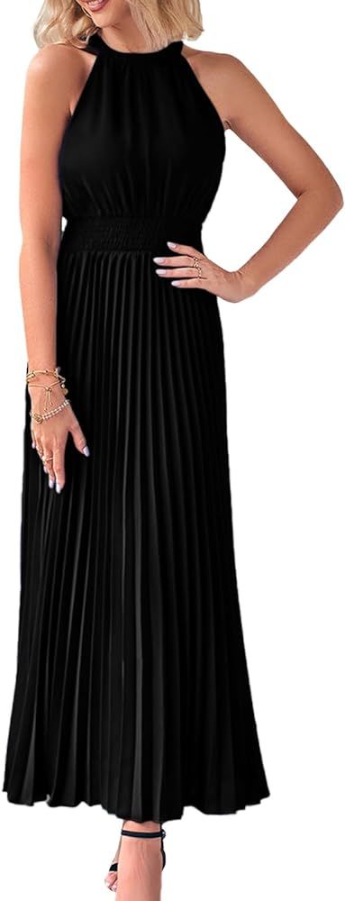 PRETTYGARDEN Women's Long Sun Dresses 2023 Sleeveless Halter Neck Flowy Pleated Maxi Cocktail Dre... | Amazon (US)