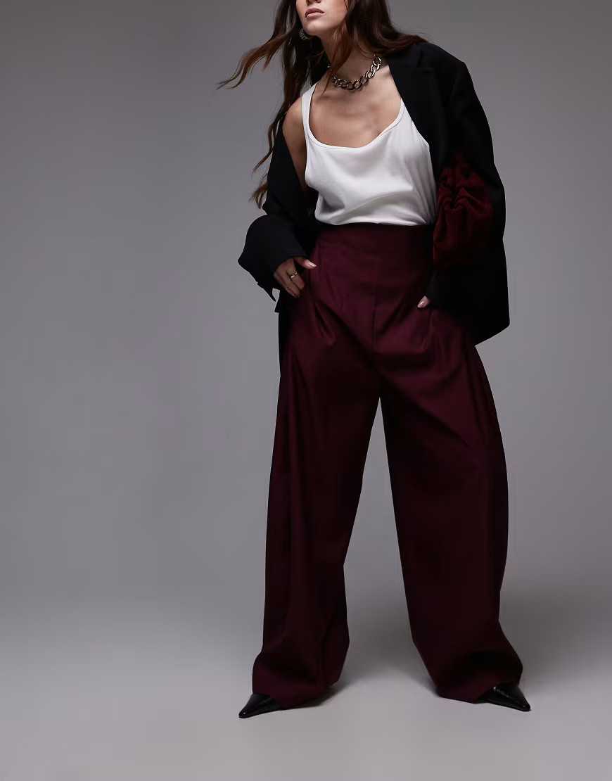 ASOS DESIGN tailored ultra high waist wide leg corset trouser in burgundy | ASOS (Global)