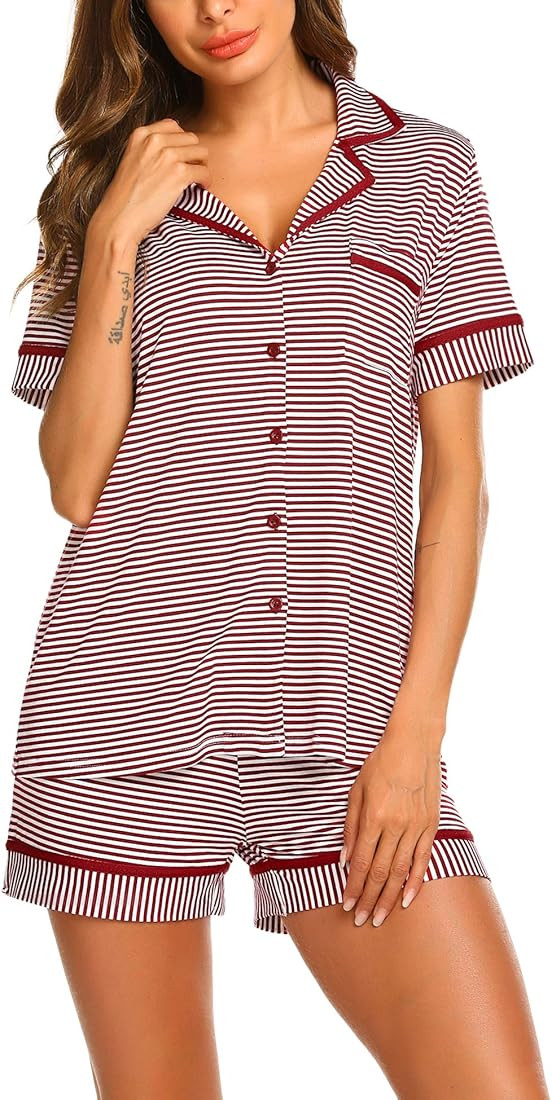 Ekouaer Pajamas Soft Striped Women's Short Sleeve Button Sleepwear Shorts Shirt PJ Set(S-XXL) | Amazon (US)
