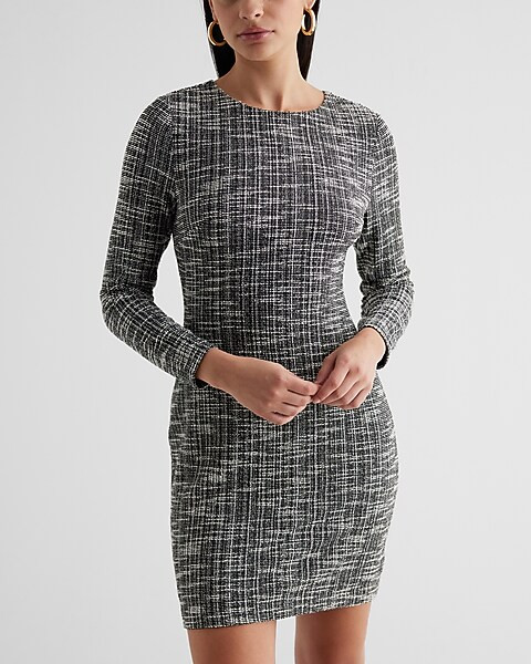 Tweed Crew Neck Long Sleeve Mini Sheath Dress | Express