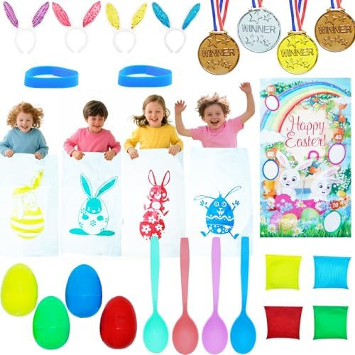 27 Pack Easter Outdoor Party Games for Kids, 4 Bunny Potato Sack Race Jumping Bags, 4 Egg and Spo... | Amazon (US)