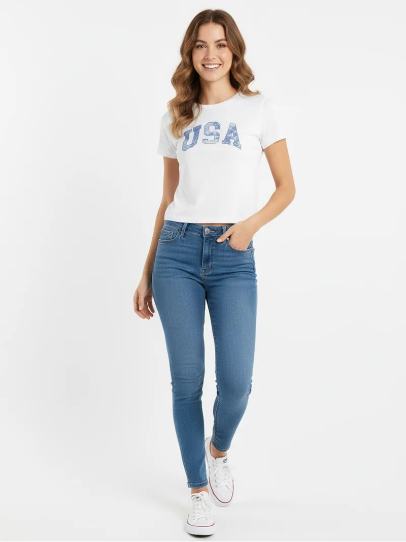 USA Patchwork Women's Graphic Cropped Baby Tee with Short Sleeves, Sizes XXS-XXL | Walmart (US)