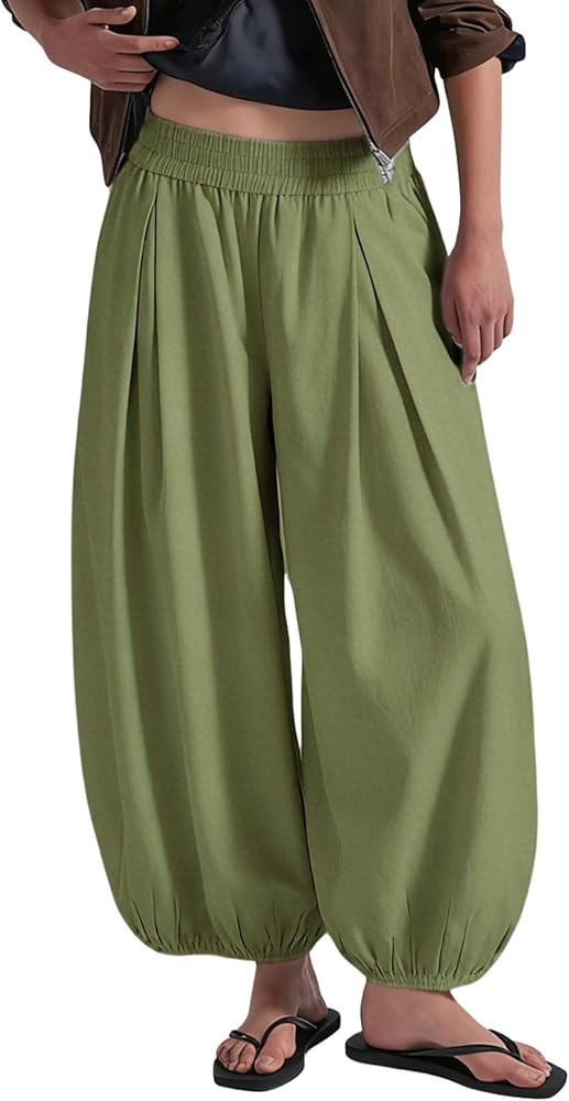 Xiaoxuemeng Baggy Wide Leg Pants Womens Cotton Barrel Pants Low Waist Balloon Pants with Pockets | Amazon (US)