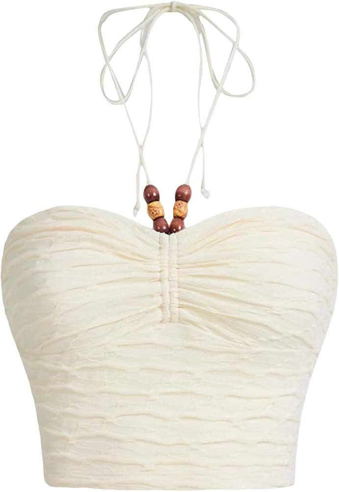Floerns Women's Tie Backless Sleeveless Ruched Knitted Halter Crop Top | Amazon (US)